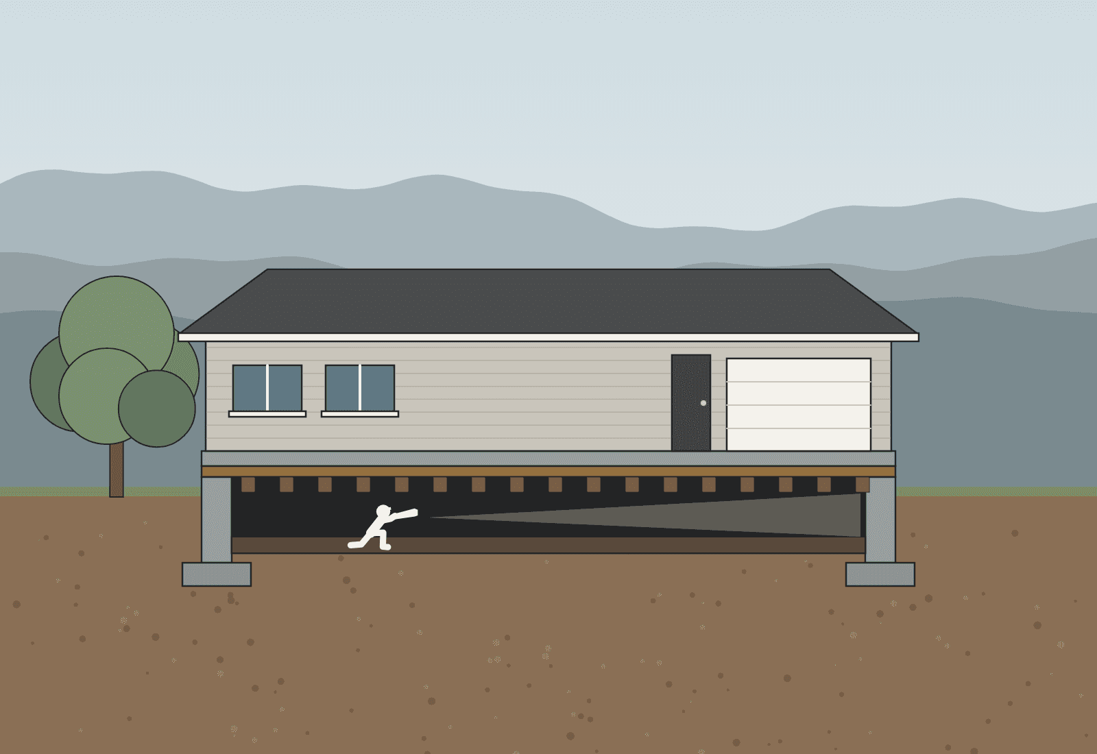 Drawing of a house with the crawl space cut away and a worker crawling through with a flashlight