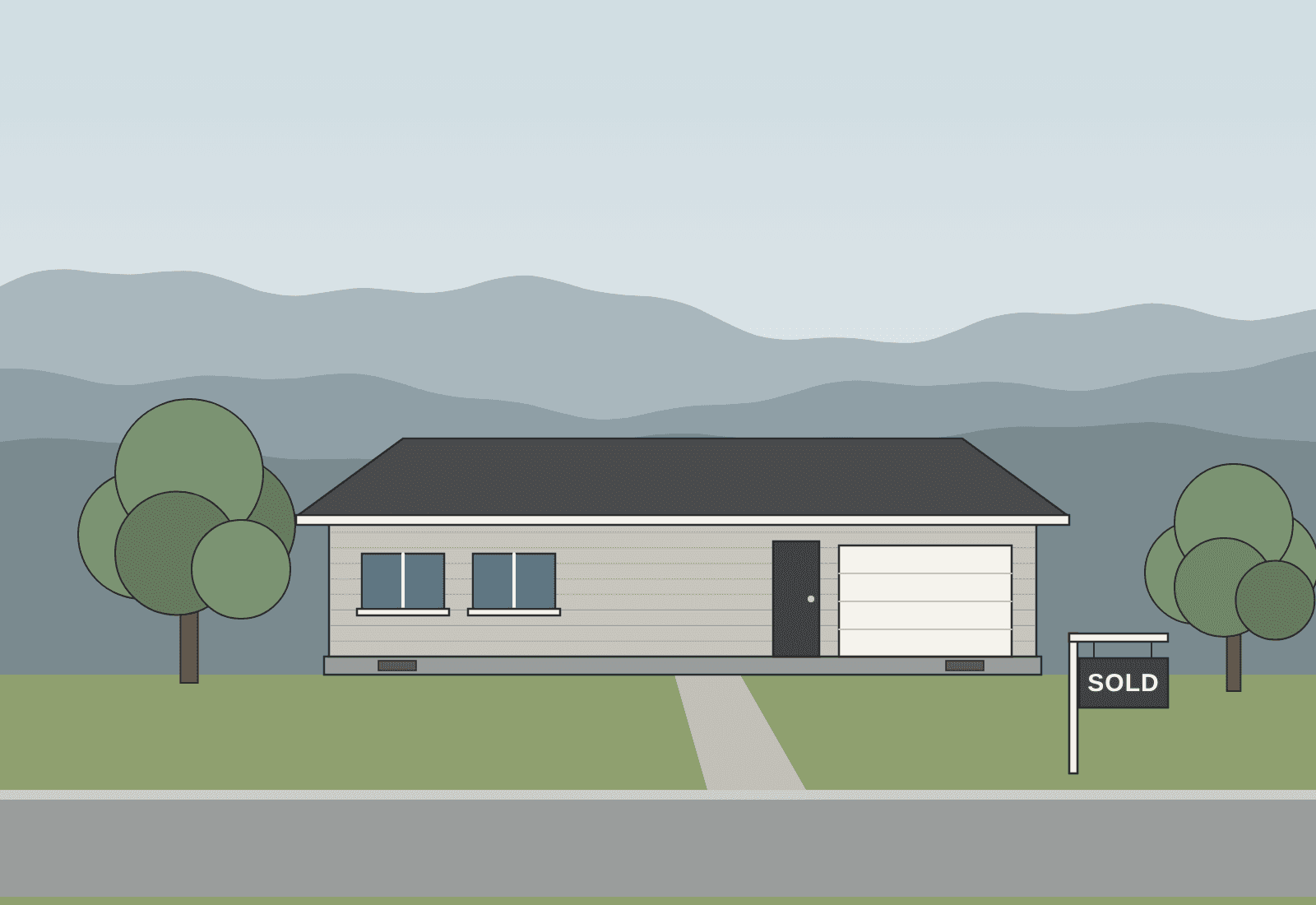 Drawing of a Treasure Valley ranch house with a sold sign in the yard