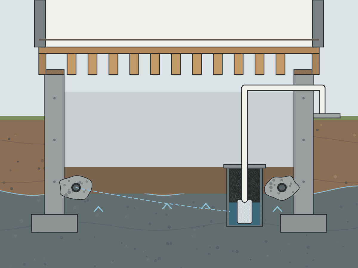 Cutaway drawing: perimeter drains carrying groundwater to a sump pump that discharges outside